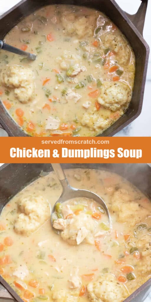 a dutch oven with a ladle in a creamy chicken and dumplings soup with Pinterest pin text.