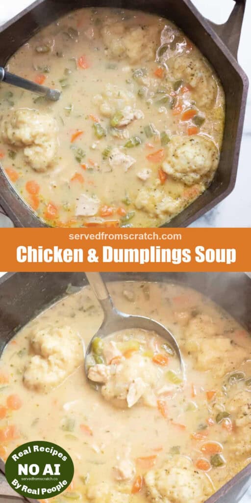 a dutch oven with a ladle in a creamy chicken and dumplings soup with Pinterest pin text with NO AI sticker.