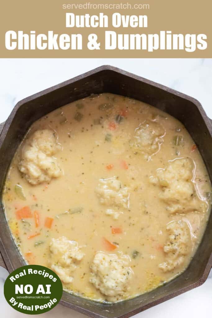 a dutch oven with a creamy chicken and dumplings soup with Pinterest pin text with NO AI sticker.