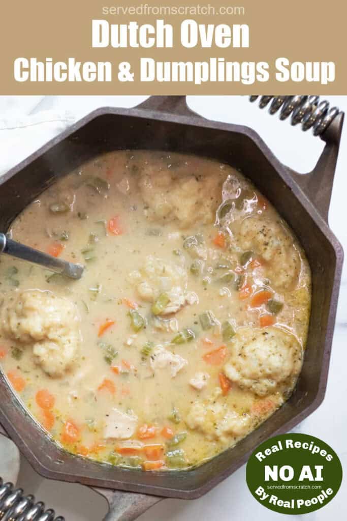 a dutch oven with a ladle in a creamy chicken and dumplings soup with Pinterest pin text with NO AI sticker.
