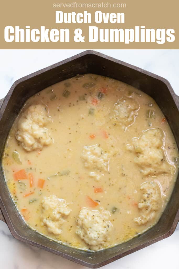 a dutch oven with a creamy chicken and dumplings soup with Pinterest pin text.