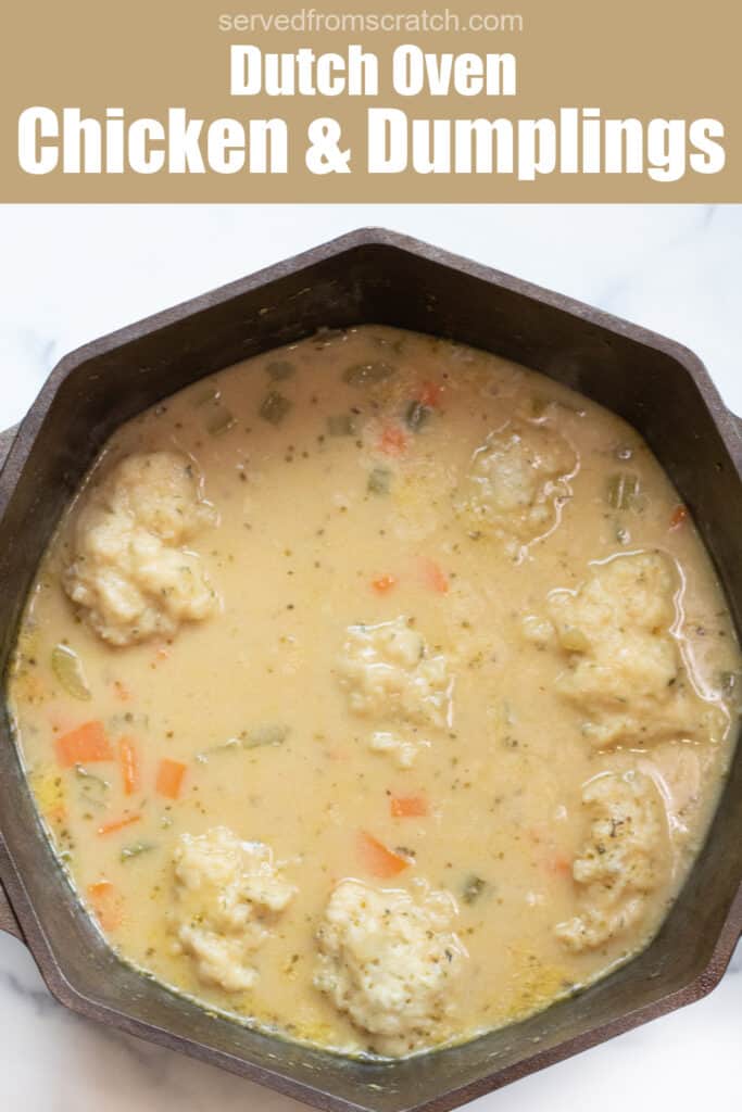 a dutch oven with a creamy chicken and dumplings soup with Pinterest pin text.