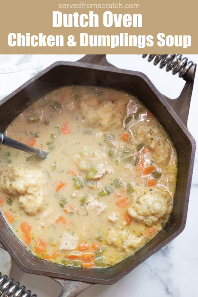a dutch oven with a ladle in a creamy chicken and dumplings soup with Pinterest pin text.