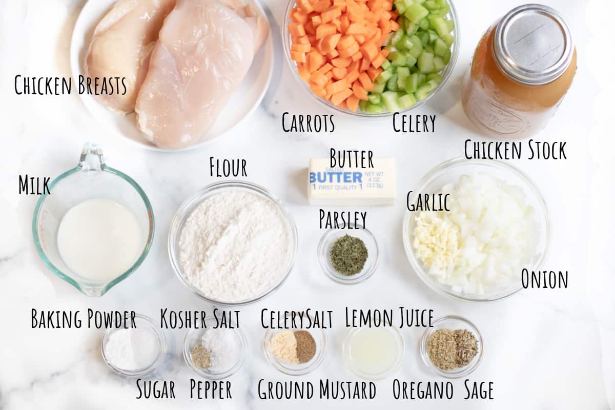 chicken, carrots, celery, butter, spices, milk, flour, sugar, chicken stock, onions, garlic chopped on a counter and labeled.