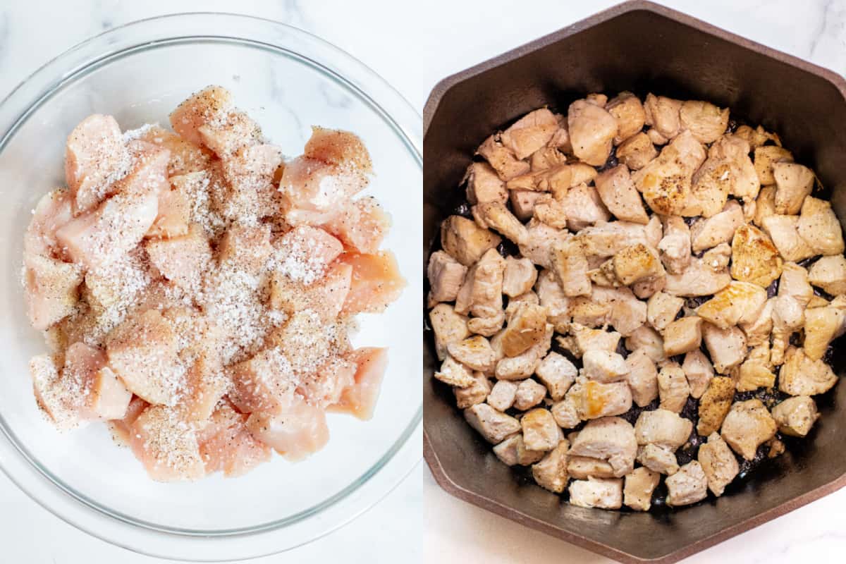 a bowl of diced chicken seasoned with salt and pepper and then a dutch oven with seared chicken.