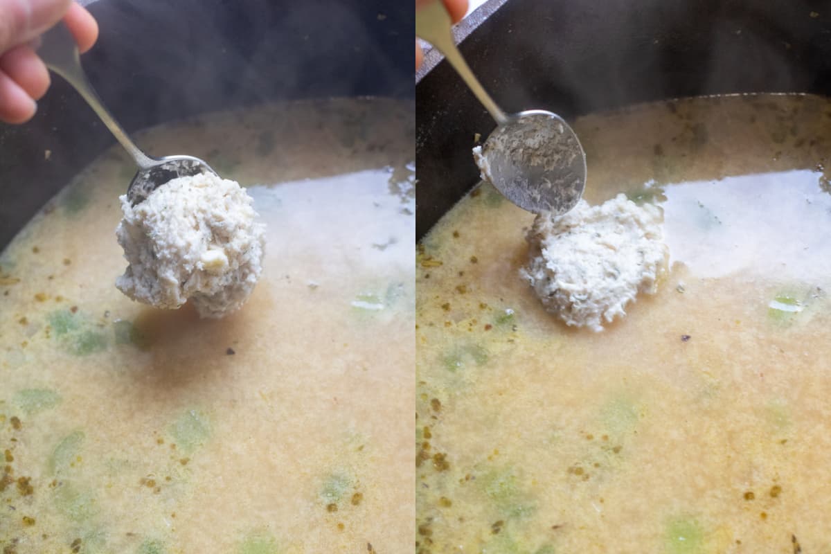two picture of a spoonful of dumpling dough being added to soup.