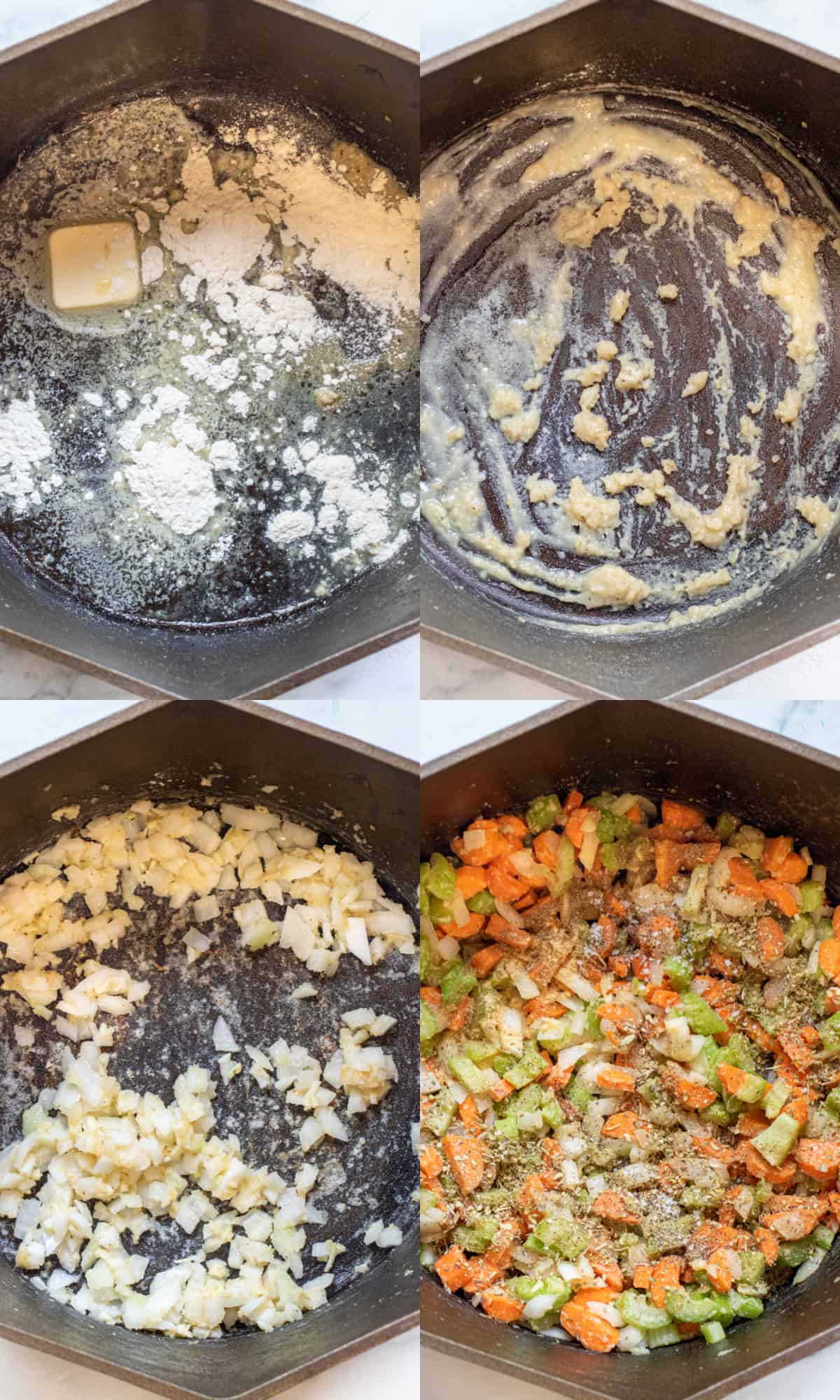 4 pictures of cast iron dutch oven with butter and flour, a roux, onions and garlic added, and topped with carrots and celery.