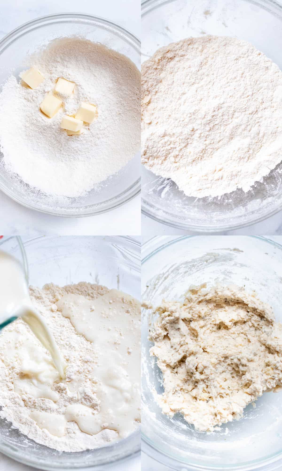 4 pics, one of sifted flour and cubed butter, all cut in, milk being poured in, and then mixed into a dough.