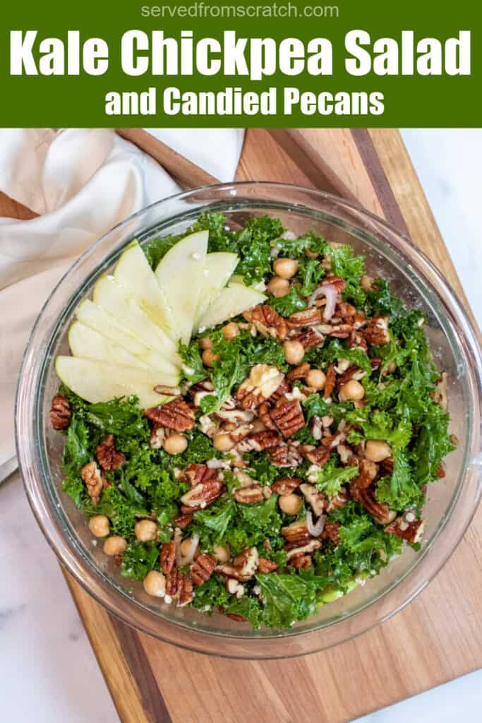 an overhead shot of a kale salad with apples, pecans, and chickpeas with Pinterest pin text.
