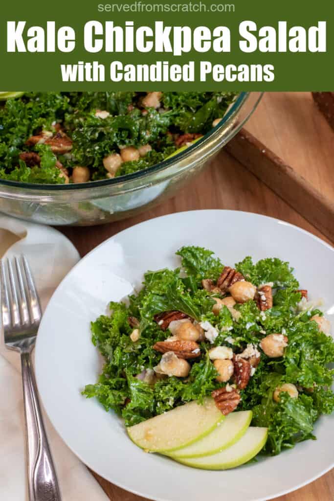 a bowl of kale salad with pecans, chickpeas, and feta with Pinterest pin text.