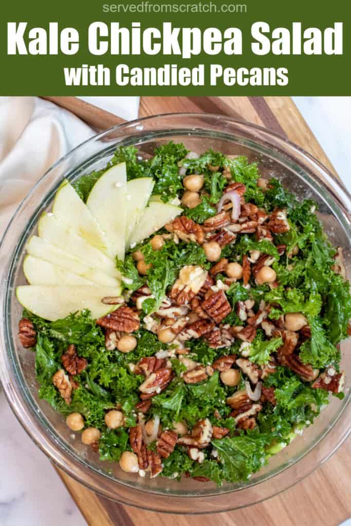 an overhead shot of a kale salad with apples, pecans, and chickpeas with Pinterest pin text.