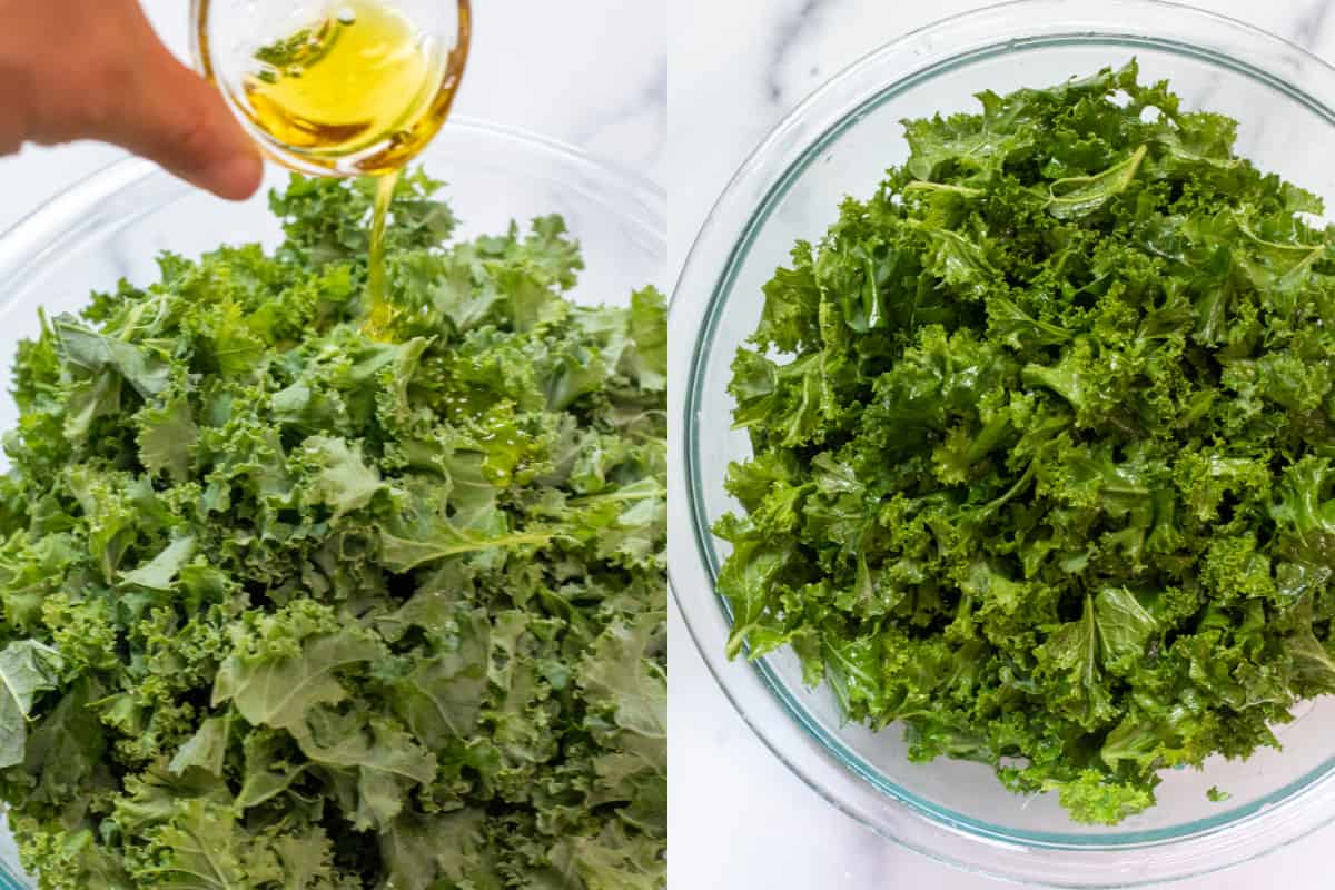 olive oil being poured into a bowl of kale and a bowl of massaged kale.