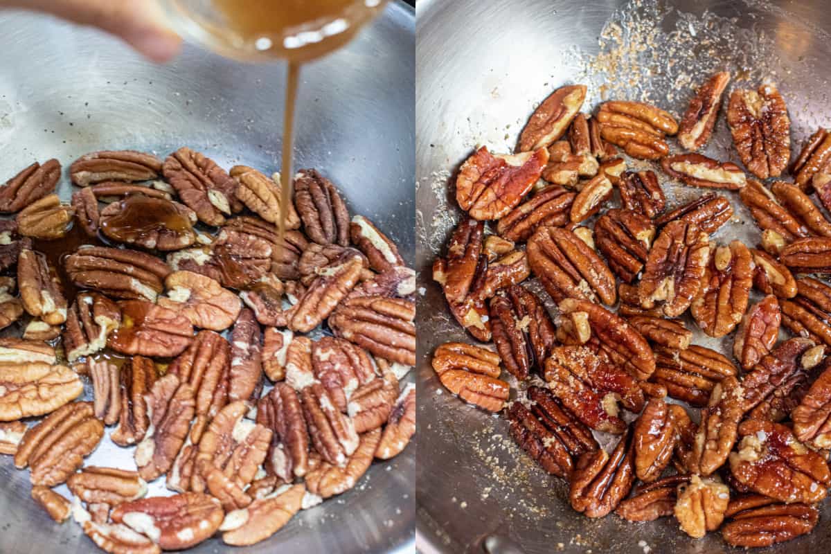 two pictures one of pecans in a pan with sugar and water being poured in and the other with coated sugared pecans.