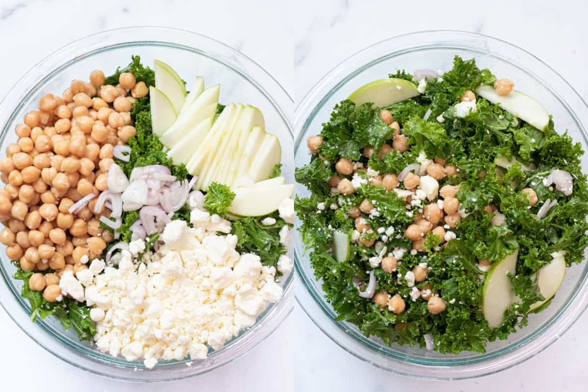 two pictures one of a bowl of kale with chickpeas, feta, shallots, and sliced apples and the 2nd with it all mixed.