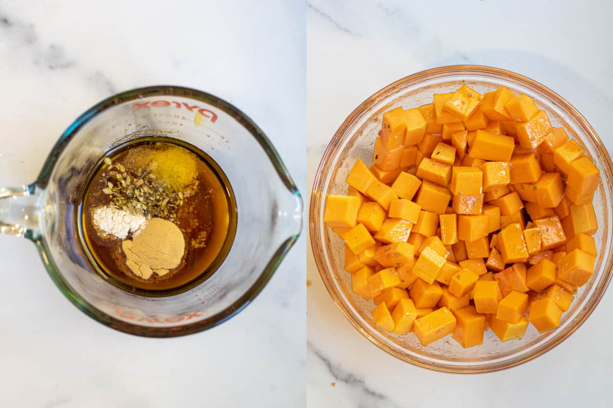 one small pyrex with syrup and spices in it and then a bowl of cubed squash with it all mixed in.