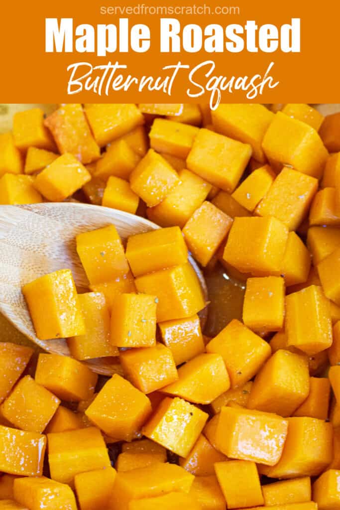 a spoon of butternut squash cooked and cubed with Pinterest pin text.