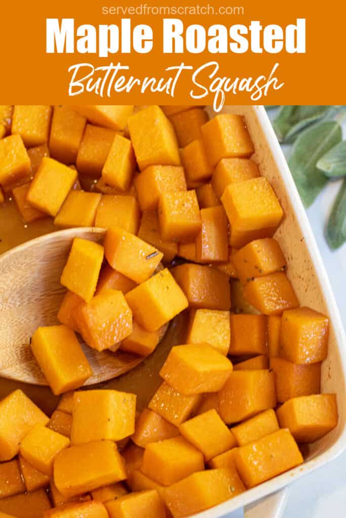 a spoon of butternut squash cooked and cubed with Pinterest pin text.