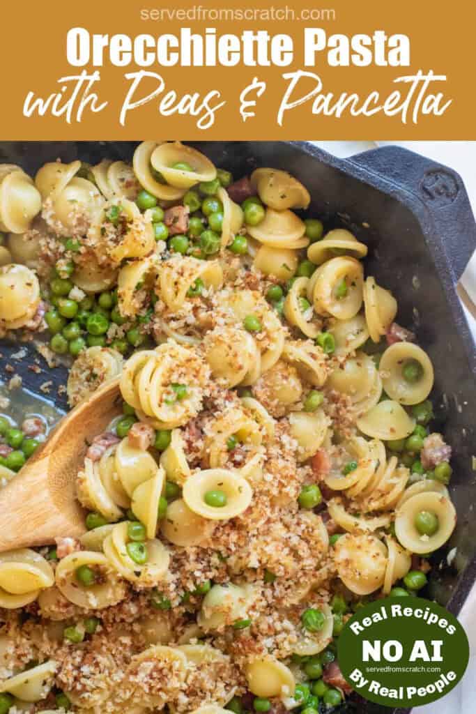 a cast iron with a wooden spoon scooping pasta with peas and pancetta with Pinterest pin text with NO AI sticker.