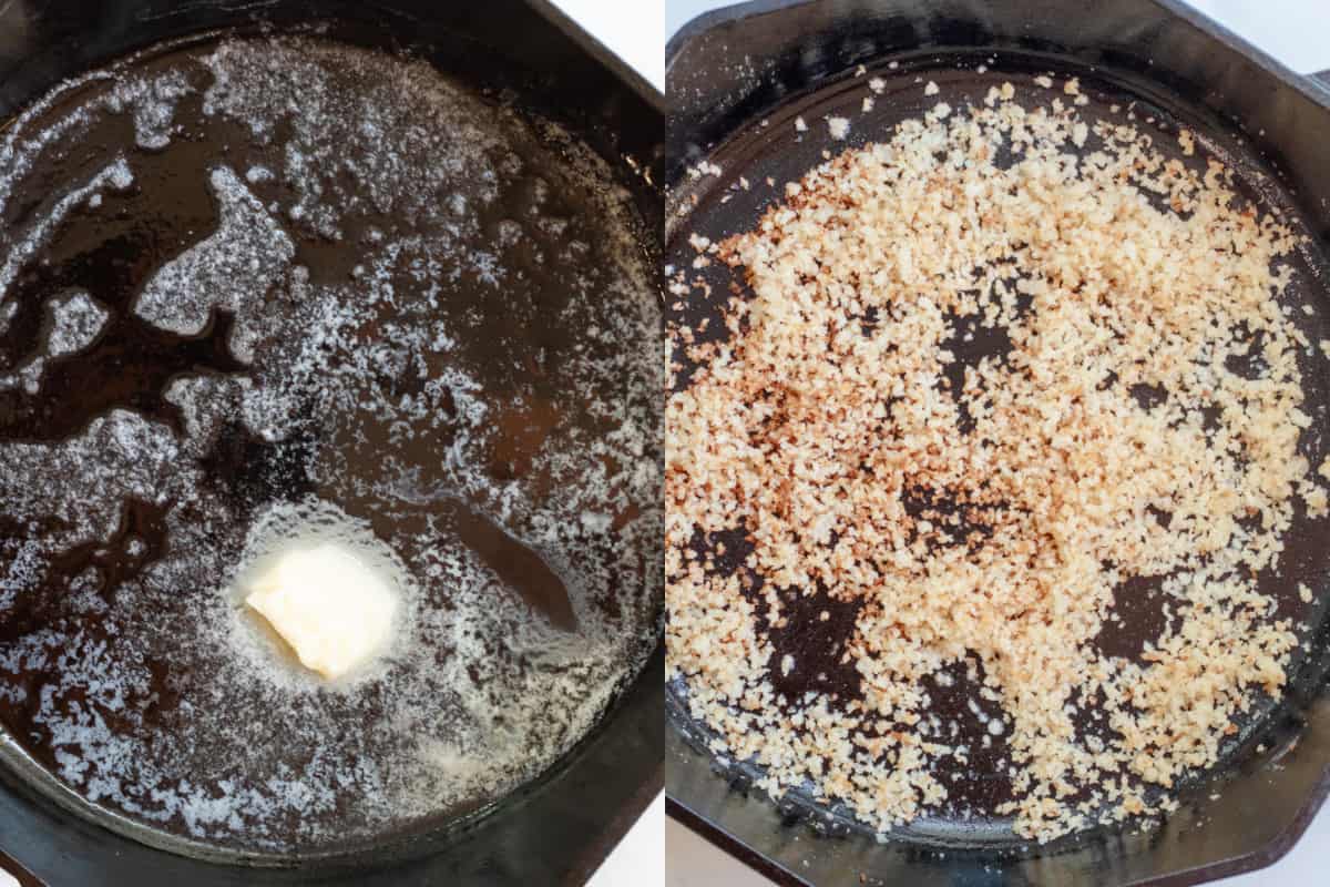 a cast iron with melting butter and with toasted breadcrumbs.