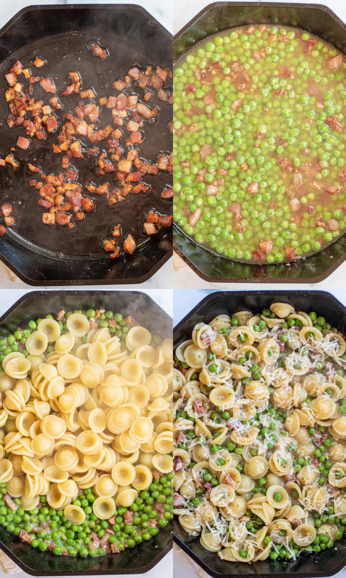 4 pics of cast irons, one with cooked pancetta, then with liquid and peas, with pasta added, and all cooked topped with Parmesan cheese.