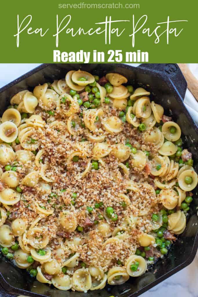 a cooked pasta dish with peas, pancetta, and topped with toasted breadcrumbs with Pinterest pin text.