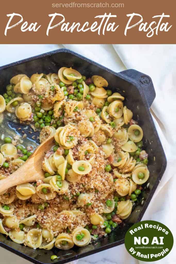 a cast iron with a wooden spoon scooping pasta with peas and pancetta with Pinterest pin text with NO AI sticker.