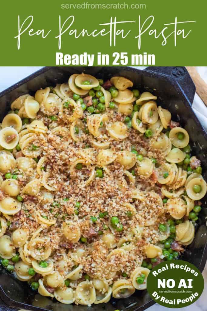 a cooked pasta dish with peas, pancetta, and topped with toasted breadcrumbs with Pinterest pin text with NO AI sticker.