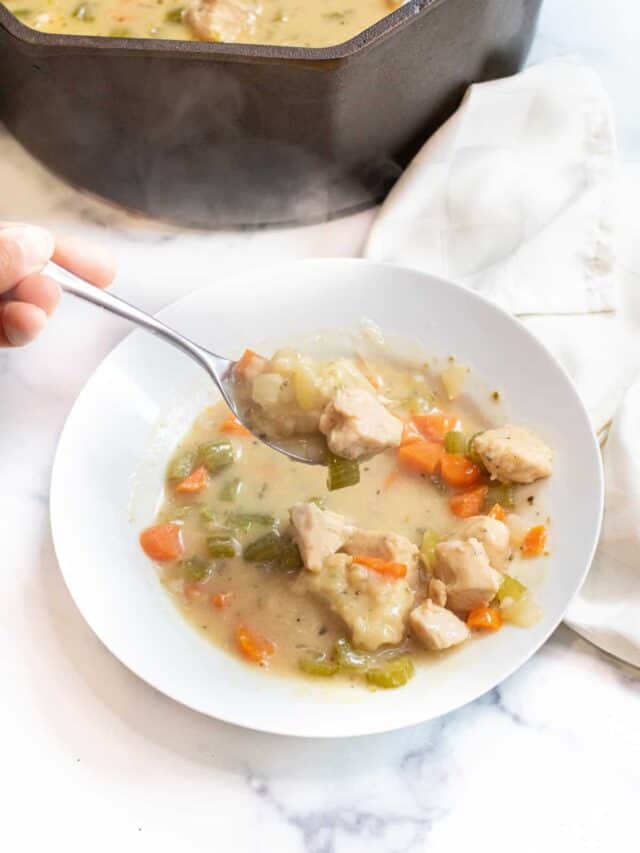 Dutch Oven Chicken and Dumplings Soup Served From Scratch