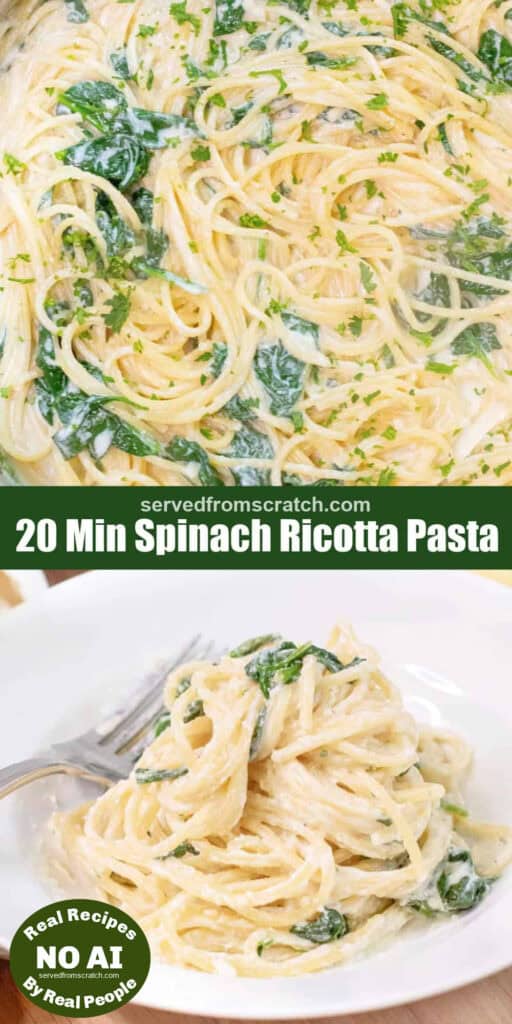 a bowl of pasta with ricotta and spinach and Pinterest pin text and NO AI sticker.