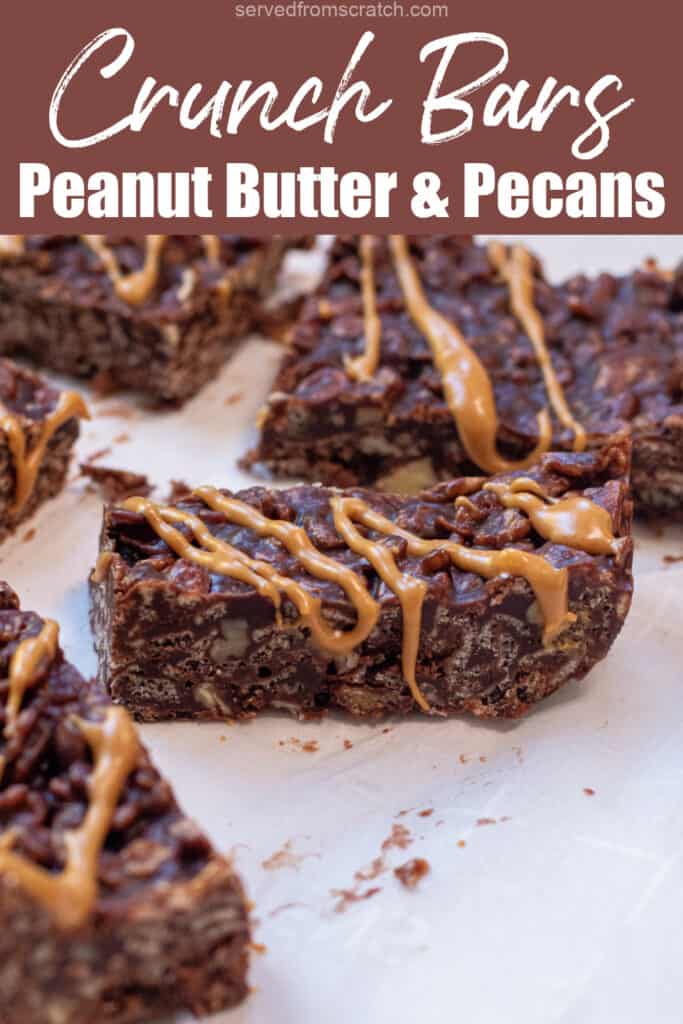 pieces of chocolate crunch bars with peanut butter on top with Pinterest pin text.