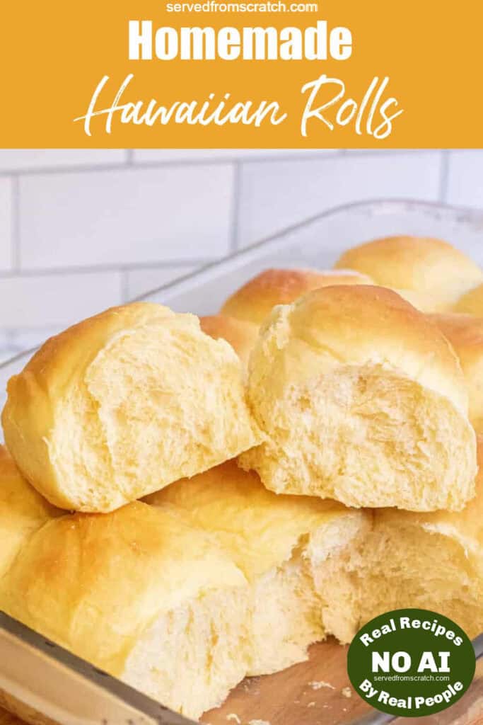 two rolls out of a pan of rolls sitting on the other rolls with PInterest pin text with NO AI sticker.