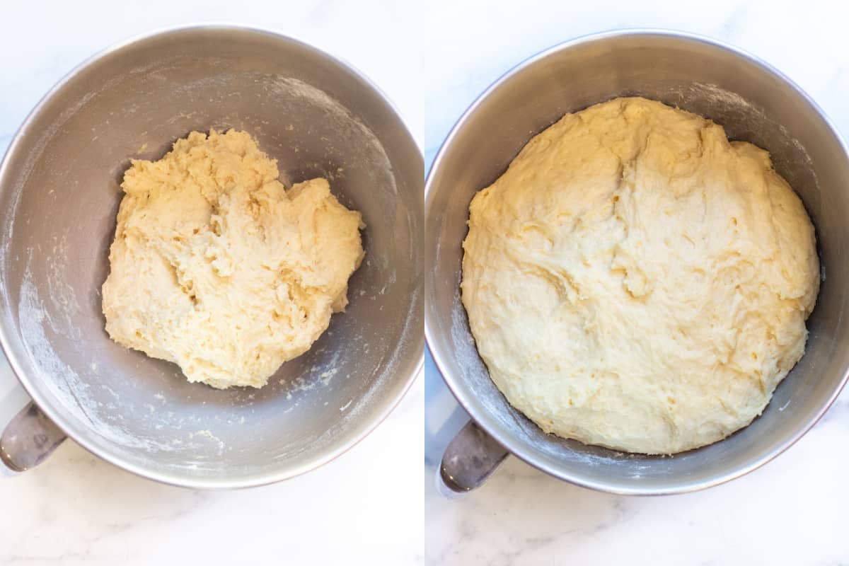 two mixing bowls, one with mixed wet dough and then dough risen.