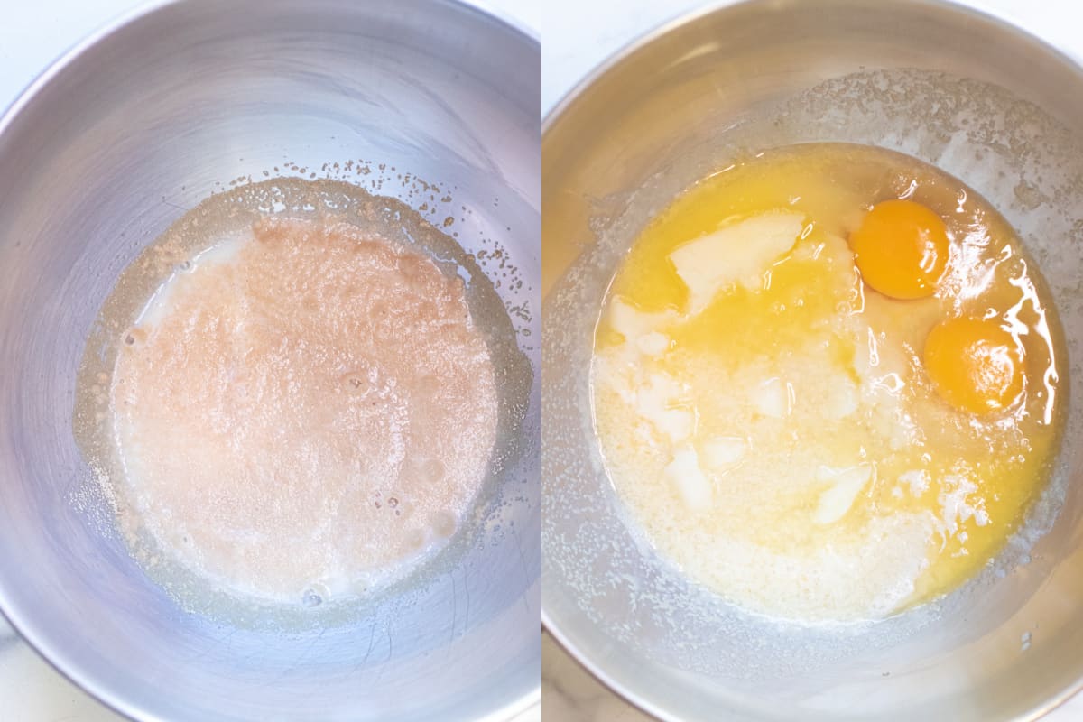 two bowls of a stand mixer, one with activated yeast and then with eggs and juice  and melted butter added.