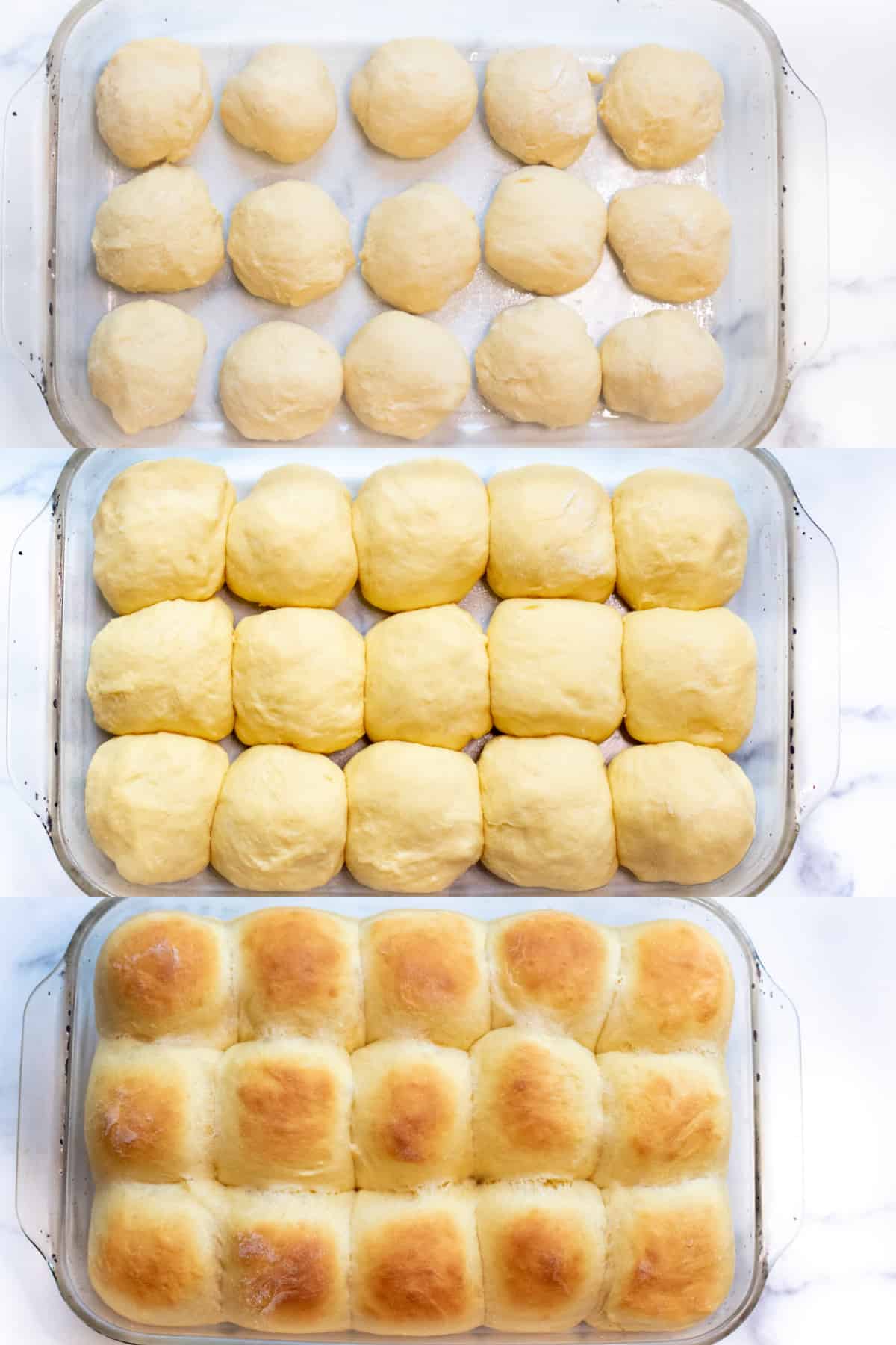 three pictures of balls of dough in a pan, one with them rolled out, then risen, and then baked. 
