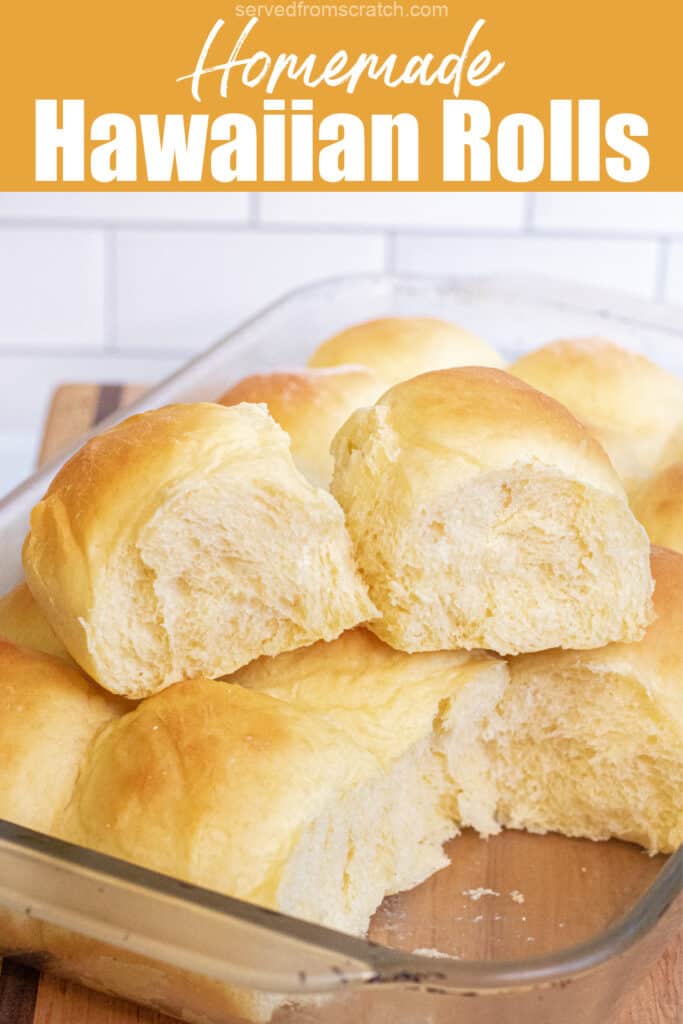 two rolls out of a pan of rolls sitting on the other rolls with PInterest pin text.