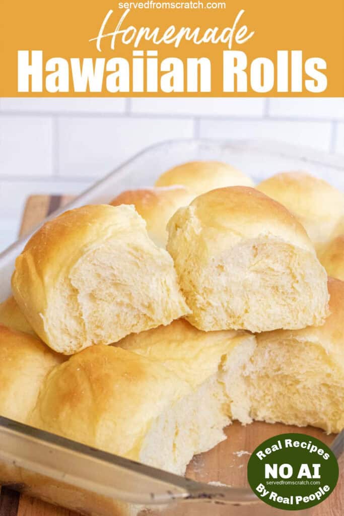 two rolls out of a pan of rolls sitting on the other rolls with PInterest pin text with NO AI sticker.