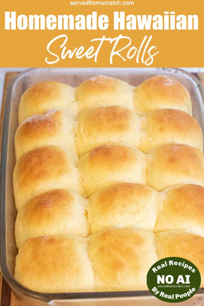 a tray of fluffy baked rolls with Pinterest pin text with NO AI sticker.