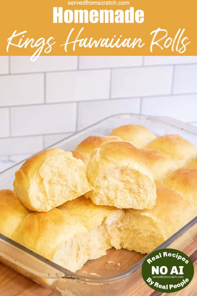 two rolls out of a pan of rolls sitting on the other rolls with PInterest pin text with NO AI sticker.