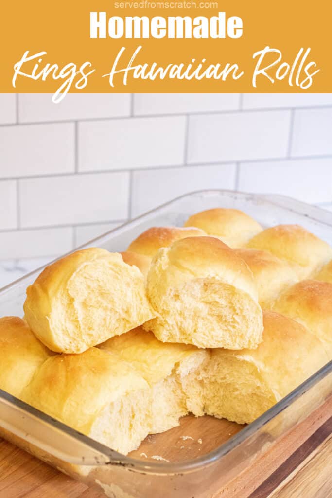 two rolls out of a pan of rolls sitting on the other rolls with PInterest pin text.