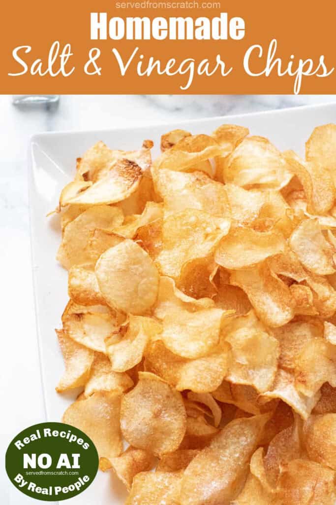 a plate of thin crispy salt and vinegar chips with Pinterest pin text and NO AI sticker.