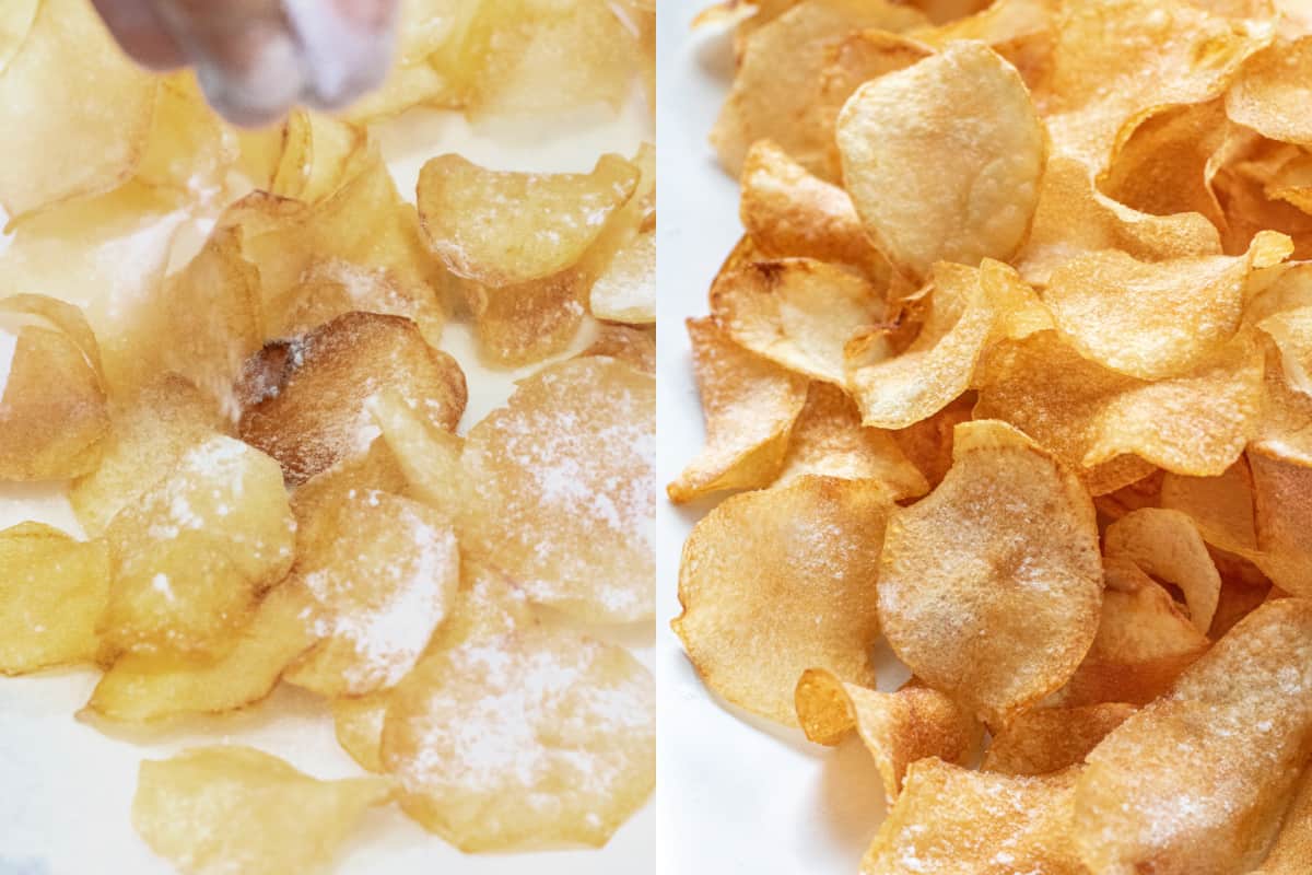 two pictures one of fresh chips with vinegar and salt being sprinkled on and a plate of chips.