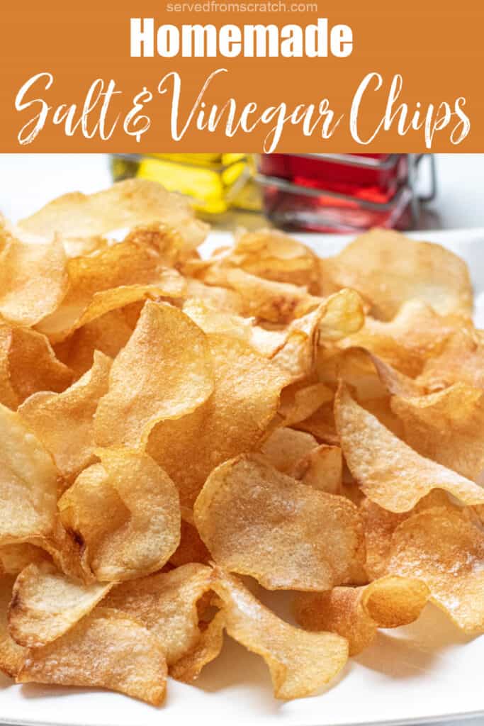 a close up of a plate of crispy homemade potato chips with Pinterest pin text.