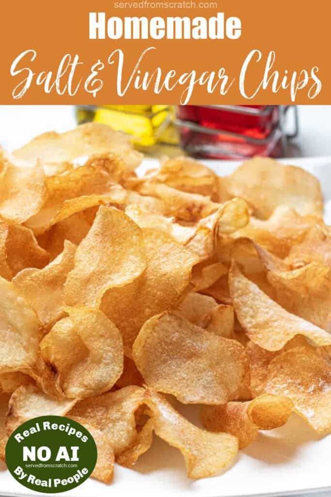 a plate of thin crispy salt and vinegar chips with Pinterest pin text and NO AI sticker.