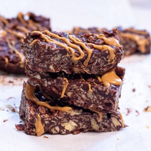 stacked crunch bars with peanut butter drizzle.