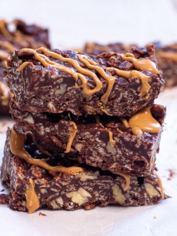 stacked crunch bars with peanut butter drizzle.