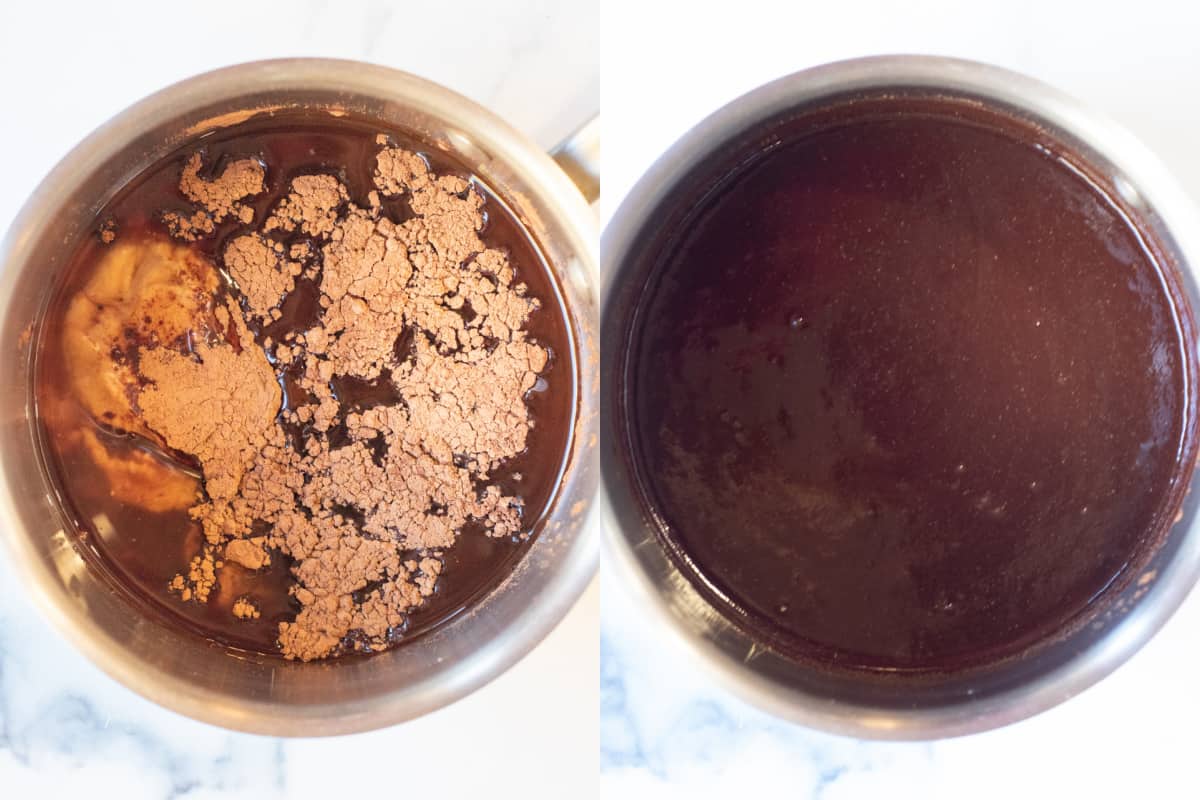 two pictures, one of a pot with cocoa over liquid and then it all mixed.