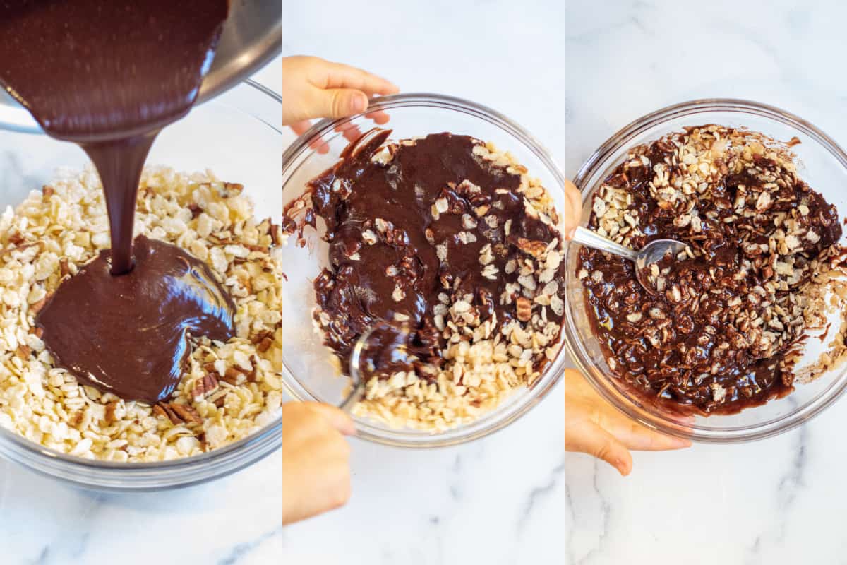 three pictures, one of a bowl of rice cereal and pecans with chocolate being poured in and then two pictures of bowls holding a bowl and mixing the chocolate with rice cereal.