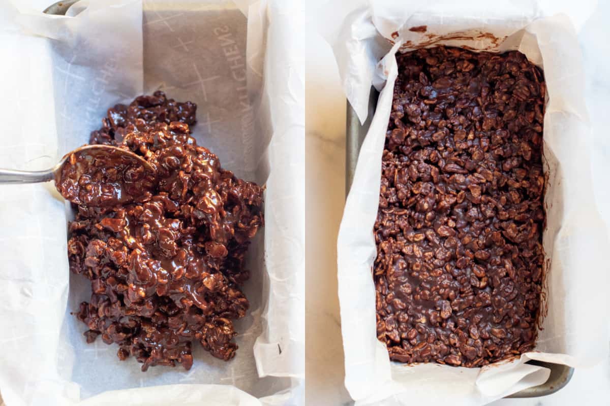 a parchment paper lined loaf pan with chocolate covered rice cereal and a spoon and then all poured in and frozen.