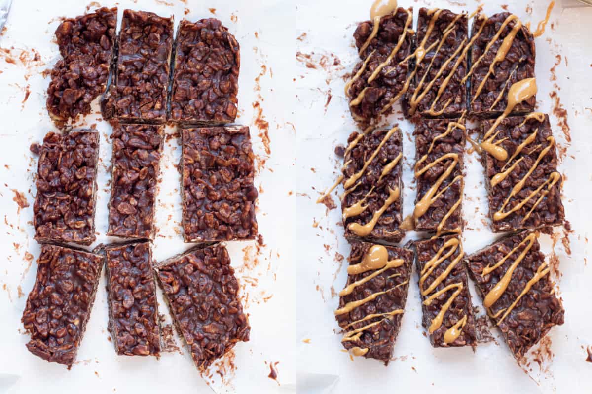 two pictures, one of cut up chocolate bars and one with peanut butter drizzle.