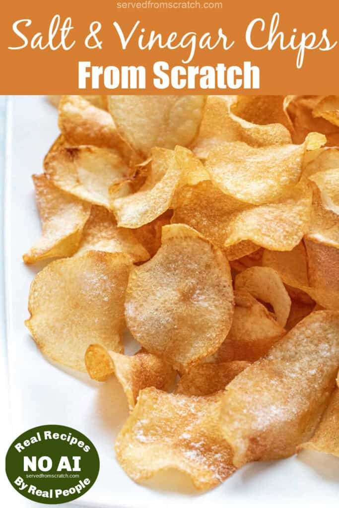 a plate of thin crispy salt and vinegar chips with Pinterest pin text and NO AI sticker.